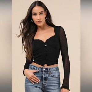 NWT Lulus Sultry Approach Black Mesh Swiss Dot Bustier Long Sleeve Top
